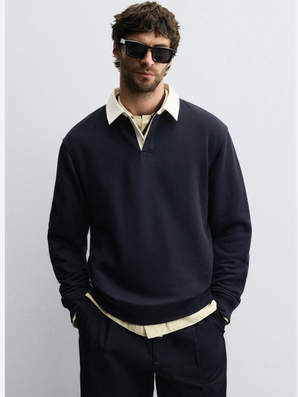 Zara Men 2 Polo Sweatshirts Navy Blue and Grey White Contrast-Collar Rugby Shirt